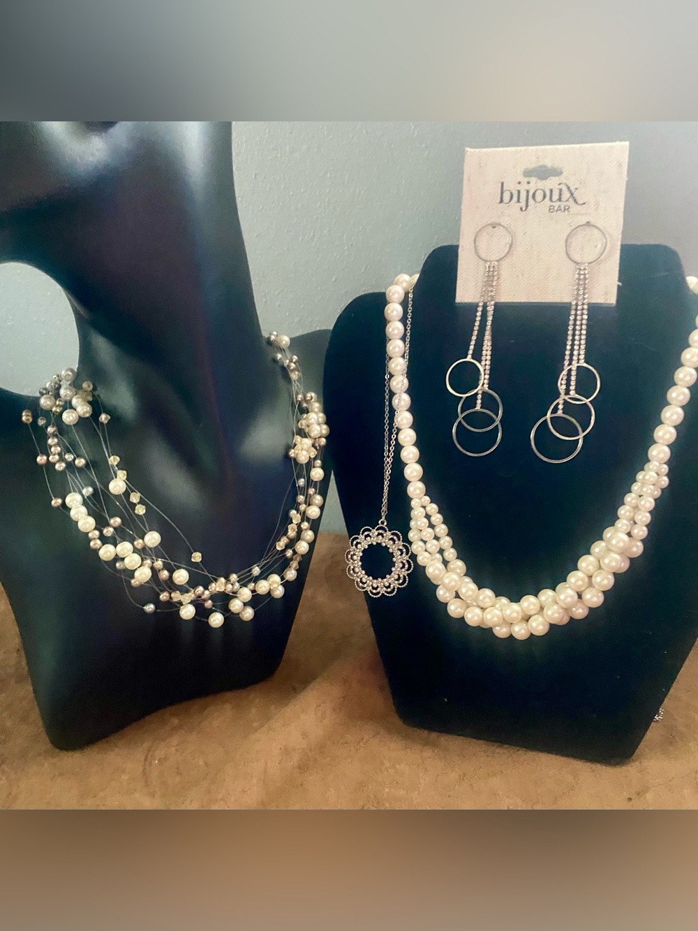LOFT long silver floral pendant, multi strand floating pearl choker, earrings